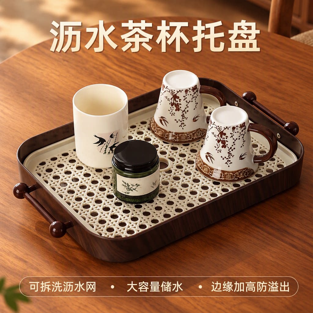 中古风轻奢茶盘沥水托盘长方形小型家用客厅双层水果盘旗舰店