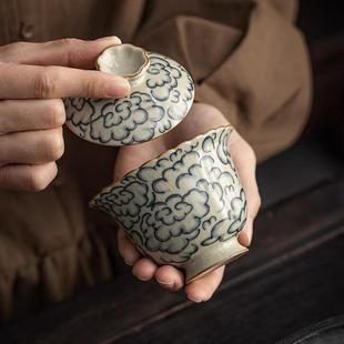 汝窑祥云盖碗仿古釉下青花陶瓷泡茶碗功夫茶具家用单个手抓碗
