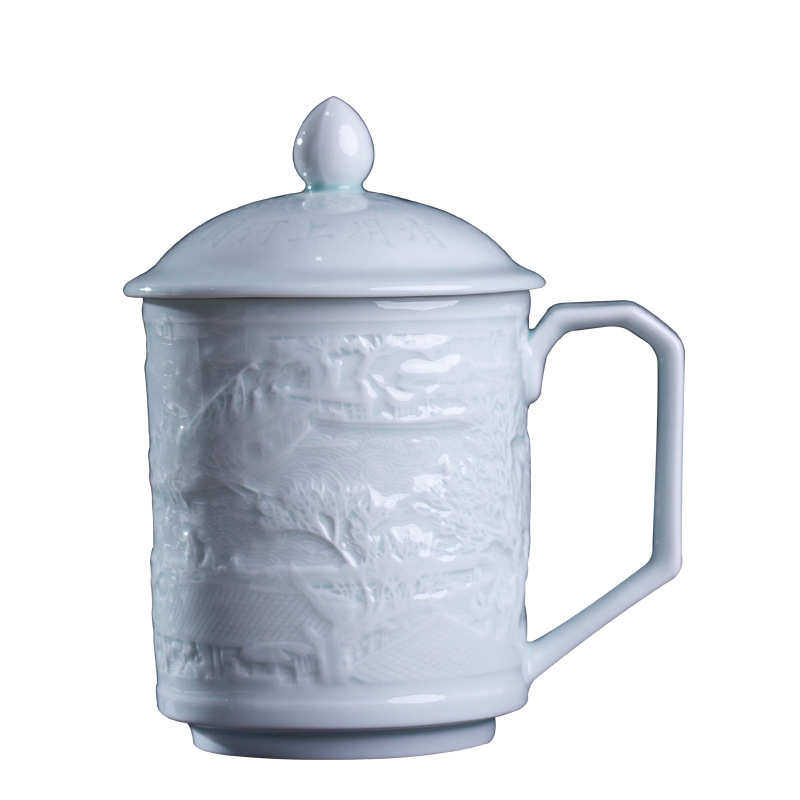 景德镇影青家用陶瓷水杯 带盖清明上河图浮雕茶杯办公杯logo,餐饮具,马克杯,淘宝优惠券,粉丝福利购,淘宝优惠卷