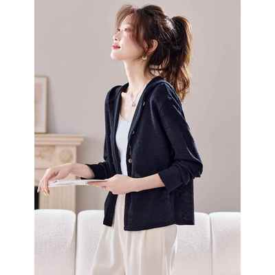 黑色高级感气质暗纹提花连帽卫衣女2025新款春秋薄款针织毛衣外套