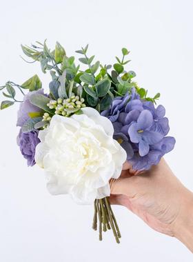 新款茶花束仿花家居装饰婚庆手捧花植物墙假花MW66780壁饰潘织布