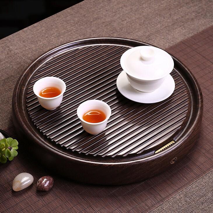 黑檀木小茶盘家用精雕简约园圆形小型茶托盘实木客厅茶台原木茶具