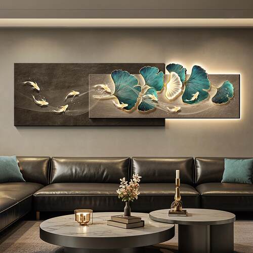 银杏叶现代轻奢客厅装饰画高级感九鱼图沙发背景墙挂画立体砂岩画