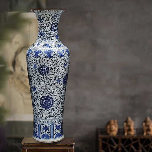 陶瓷工艺品摆件仿古手绘青花裂纹落地陶瓷大花瓶 古典装饰摆设