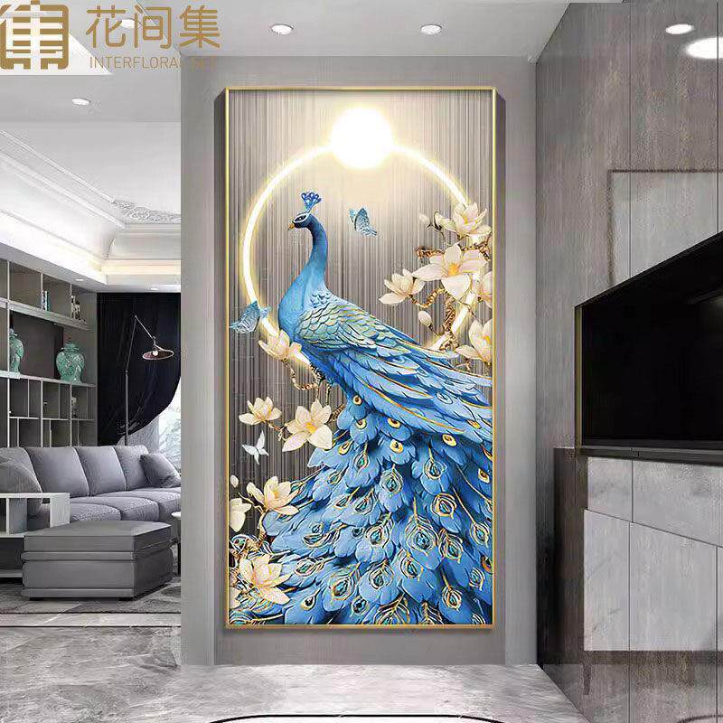 孔雀轻奢玄关装饰画现代简约壁画背景墙画走廊过道挂画镶钻晶瓷画