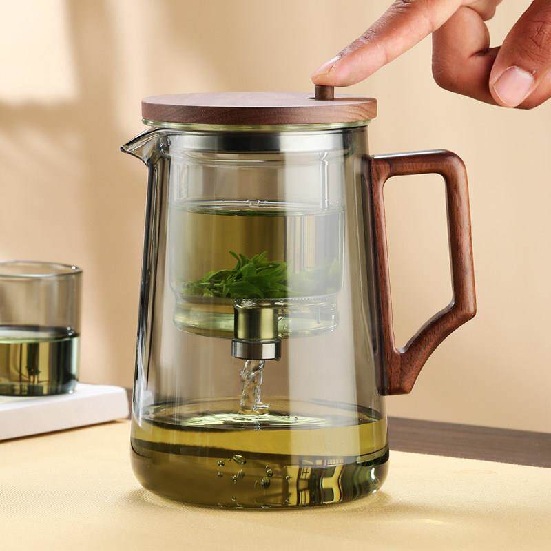 胡桃木飘逸杯泡茶壶一键按压全玻璃内胆过滤茶水分离冲茶器泡茶杯