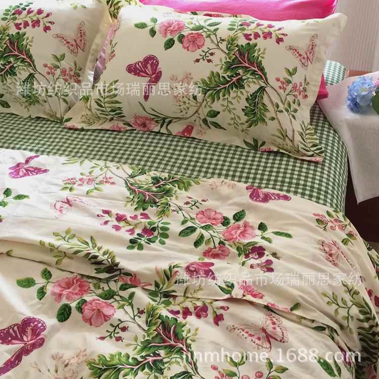 四件套蝴蝶花撞色美式现代田园北欧32加厚斜纹纯棉床品