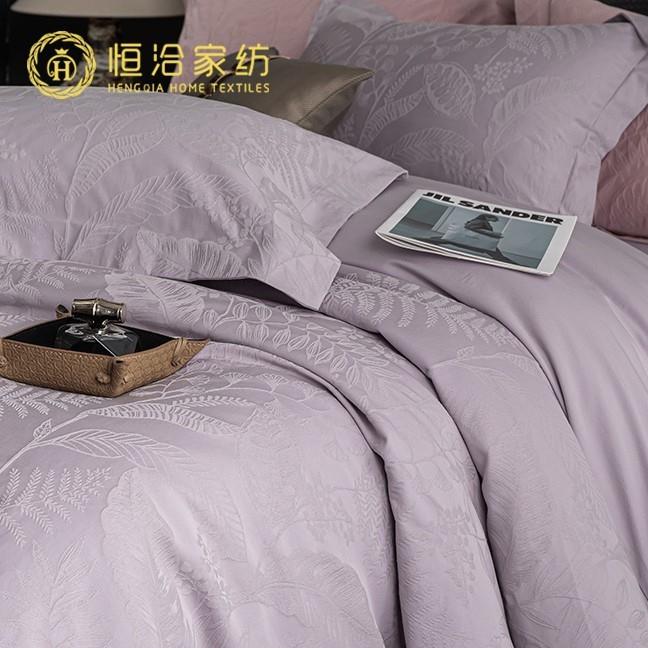 高端轻奢风长绒棉四件套全棉纯棉云雕提花四季通用被套床品灰紫色