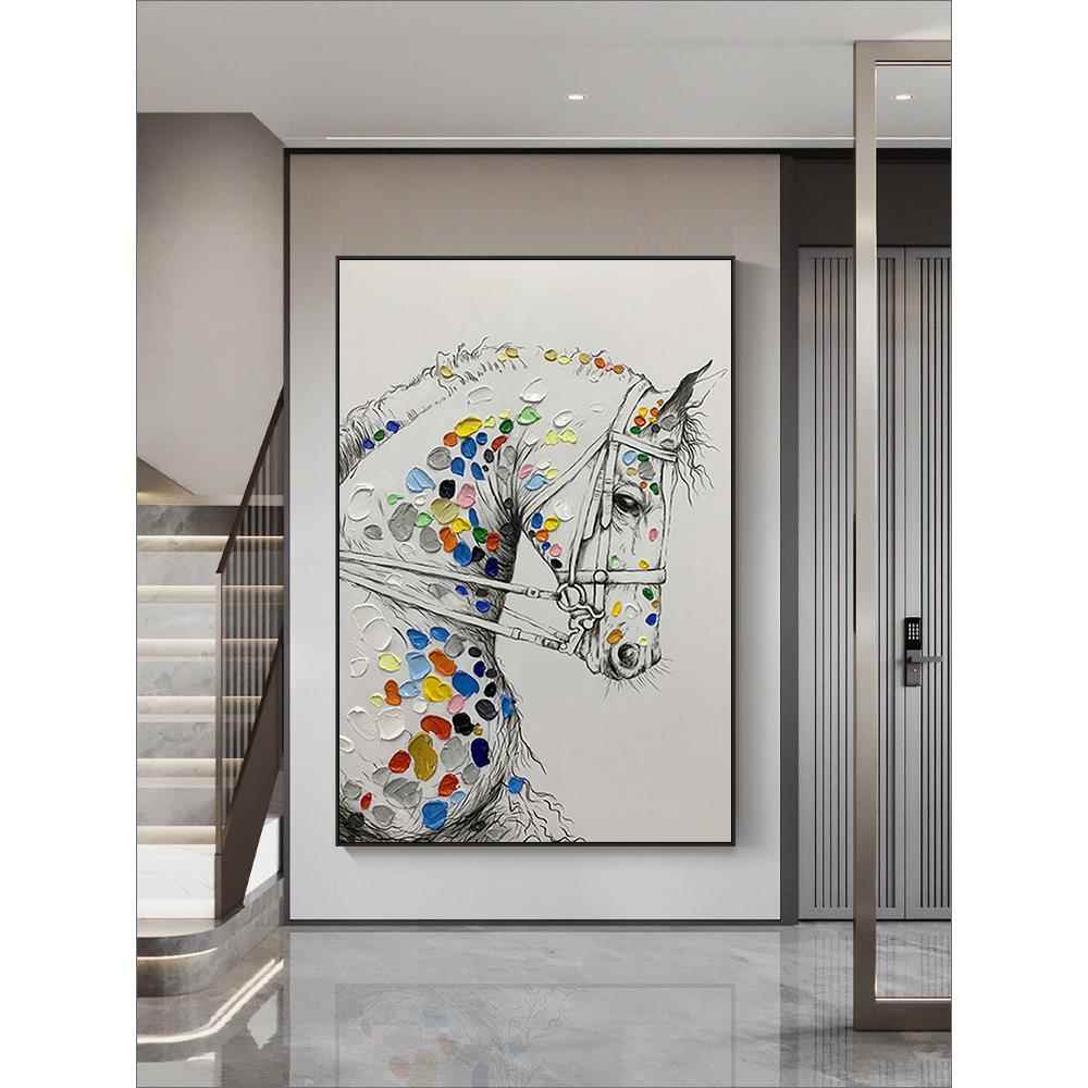 纯手绘油画动物马挂画新中式竖版书房玄关装饰画玄幻壁画大幅落地图片