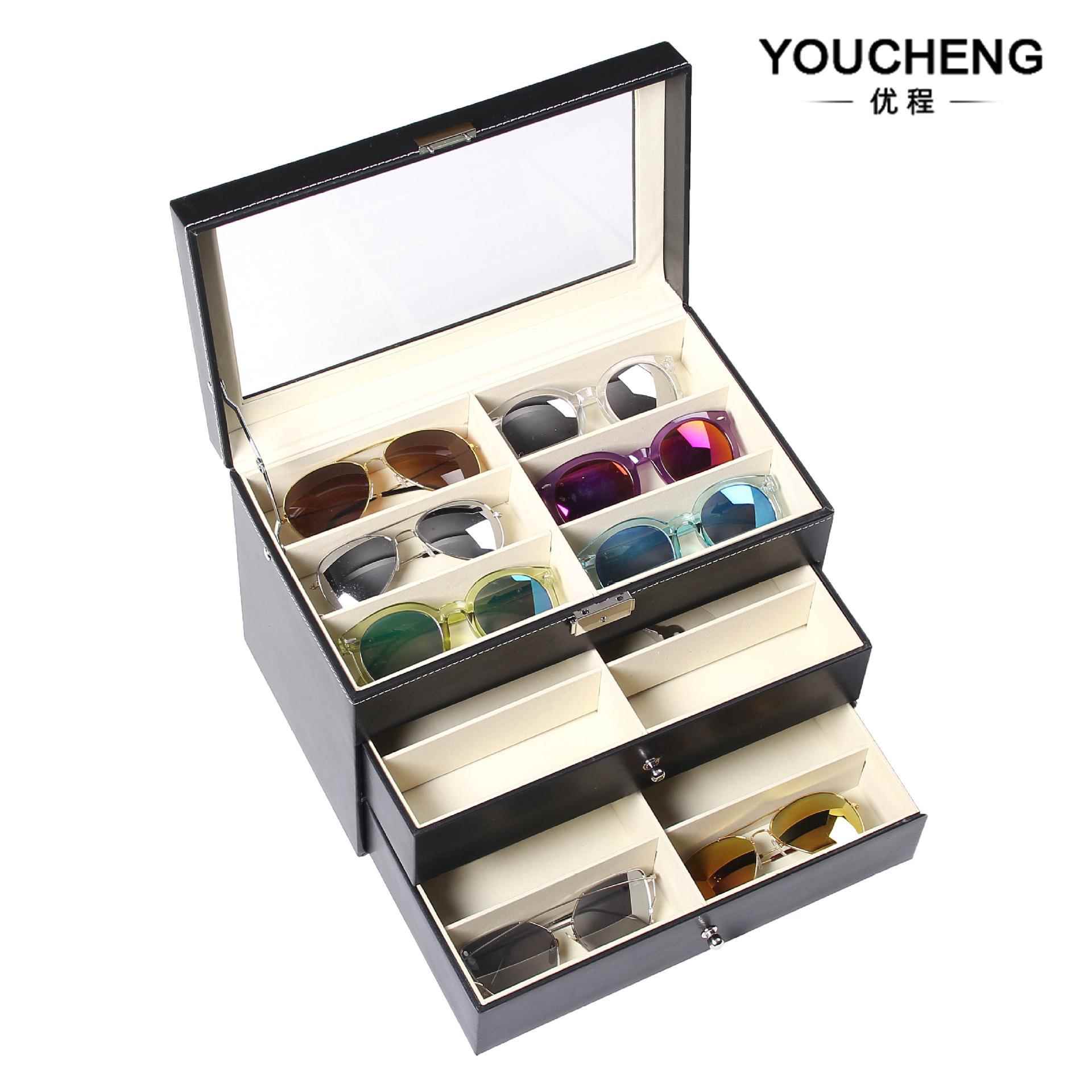 现货黑色皮革三层眼镜收纳盒太阳眼镜盒18格/位墨镜展示盒