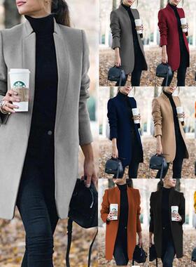 Women's Stand Collar Open Front Pea Coat Casual Long Sleeve