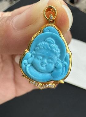 原矿绿松石宝宝佛吊坠18k金镶嵌锁骨链挂件尺寸约27.2×17.6×5.5
