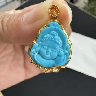 原矿绿松石宝宝佛吊坠18k金镶嵌锁骨链挂件尺寸约27.2×17.6×5.5
