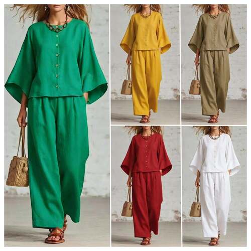Suits Women Round Neck 3/4 Sleeve Tops Shirt with Pockets