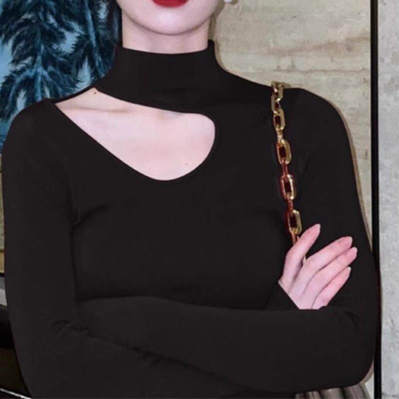 黑色镂空半高领挂脖打底衫女秋季新款欧货修身显瘦内搭设计感上衣