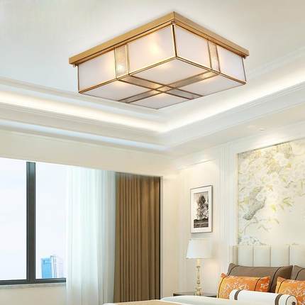 LED房吸顶灯新中式铜灯卧吸室灯间正方形全铜顶灯书房过道YD53走