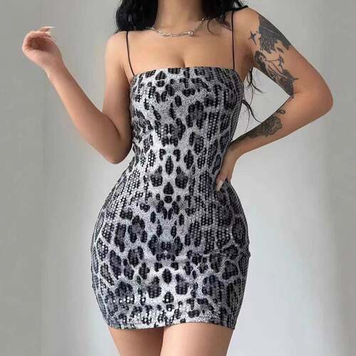 Womens Leopard Print Sequins Bodycon Tube Dress Fashionable