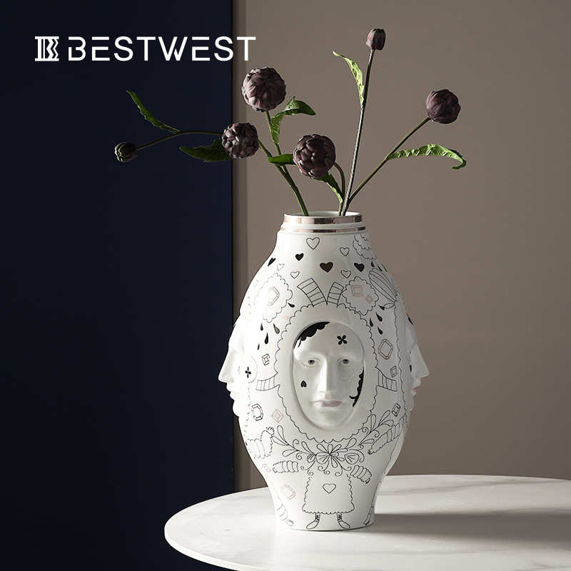 软 人脸陶瓷器 best花west摆件浮雕陶罐设计师花瓶装饰品装彩绘