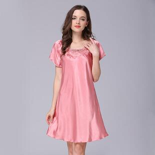 Ice silk sleepwear, women's short sleeved lace nightgown,