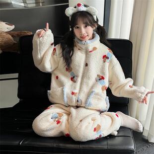 女童冬季睡衣秋冬新款中大童厚绒家居服套装儿童双面绒保暖两件套