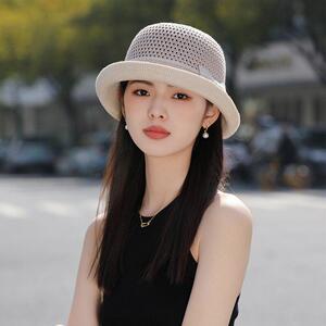 时尚优雅小礼帽子夏2025新款遮阳防晒盆帽镂空卷边遮阳帽渔夫草帽