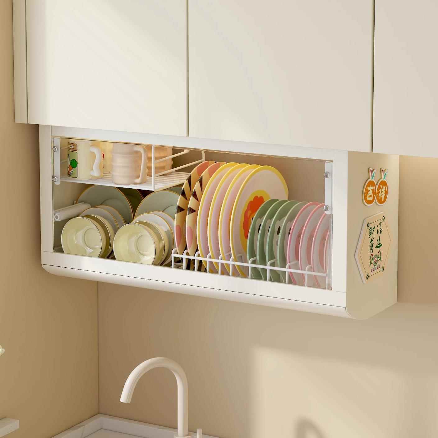厨房碗柜置物架碗碟收纳盒壁挂式吊柜下方碗架放碗筷沥水架免打孔
