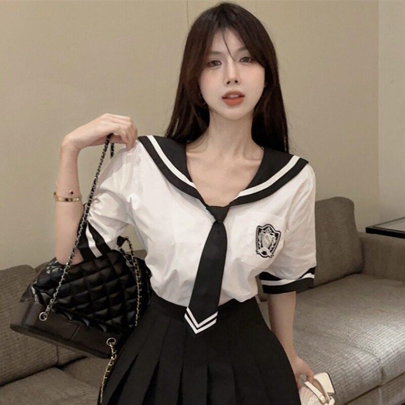 夏季制服海军领短袖白衬衫女领带学院风撞色衬衫学生装减龄上衣
