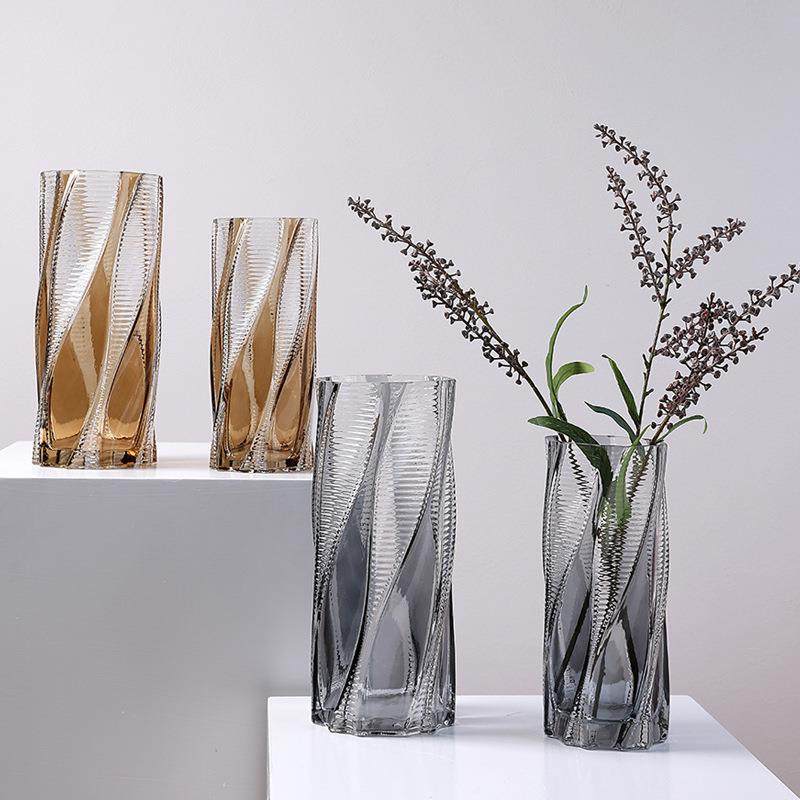 简约双色渐变几何直筒玻璃花瓶客厅水养插花鲜花瓶餐桌软装饰摆件