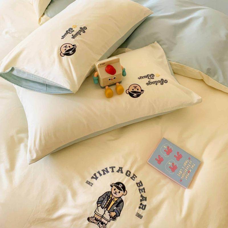 ins风韩系纯色全棉卡通刺绣四件套顽皮熊刺绣亲肤学生床品套件,床上用品,床垫/床褥/床护垫/榻榻米床垫,淘宝优惠券,粉丝福利购,淘宝优惠卷
