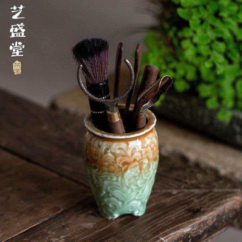 青瓷花瓶插花器茶道六君子筒茶桌艺术花瓶插花瓶茶道瓶花器茶具