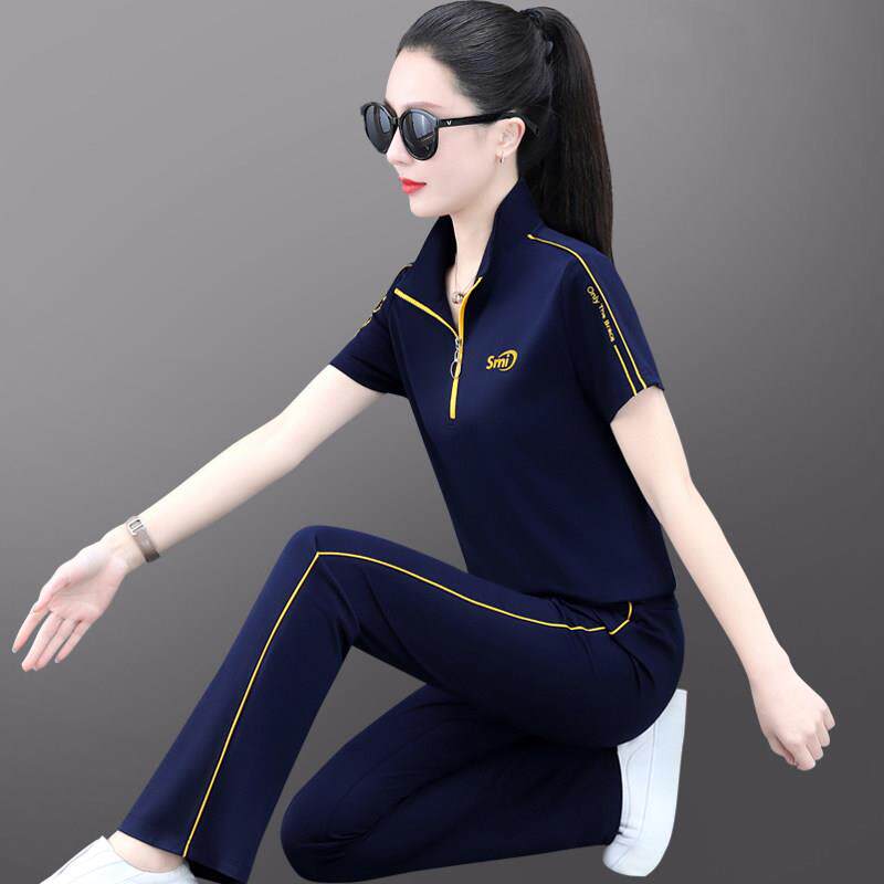 休闲运动套装女夏季冰丝时尚洋派跳舞爬山旅游服短袖长裤两件套女