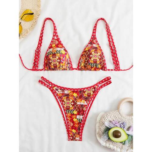 Small print bikini swimsuit split