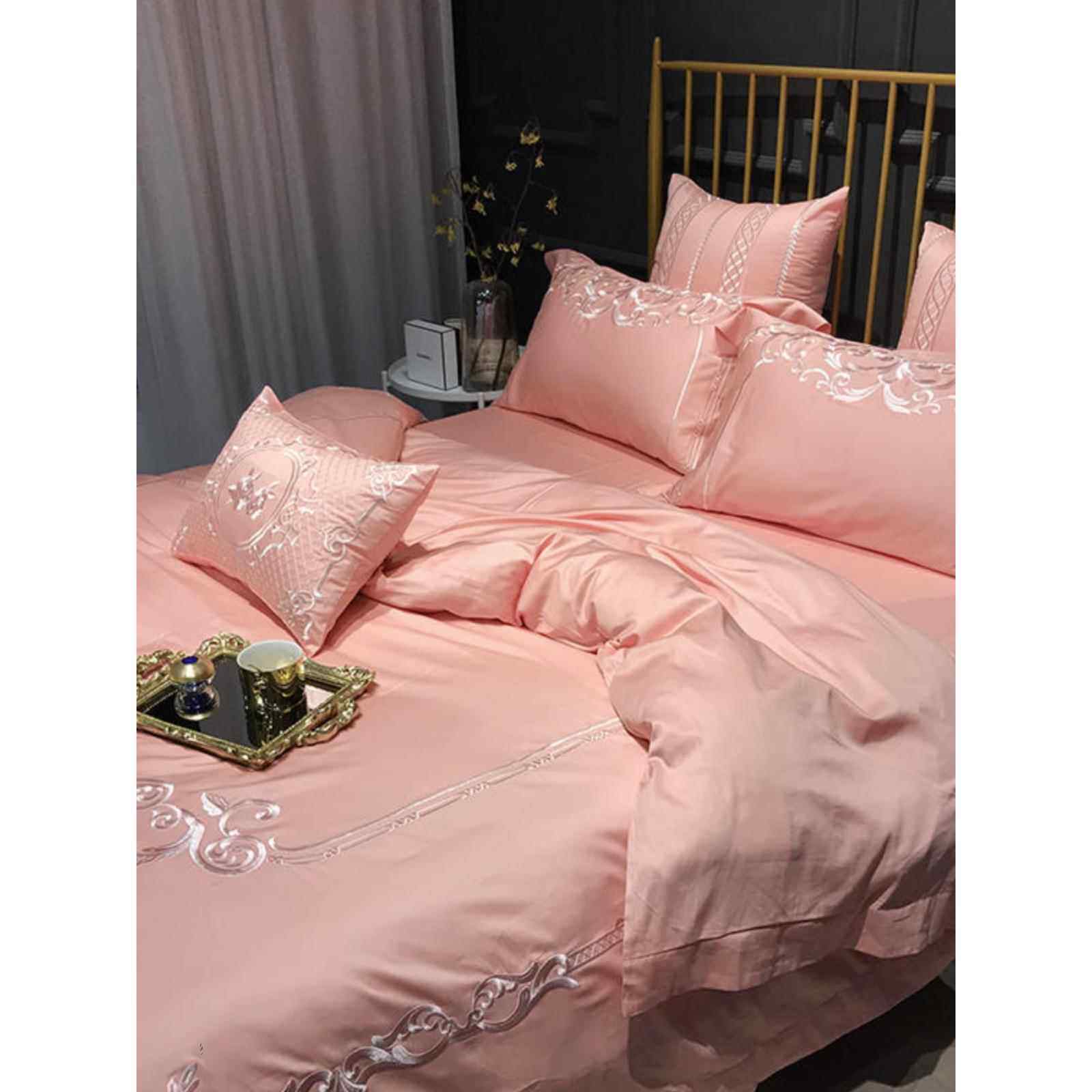 轻奢2024新款全棉粉红色四件套100纯棉床单被套欧式结婚床上用品4