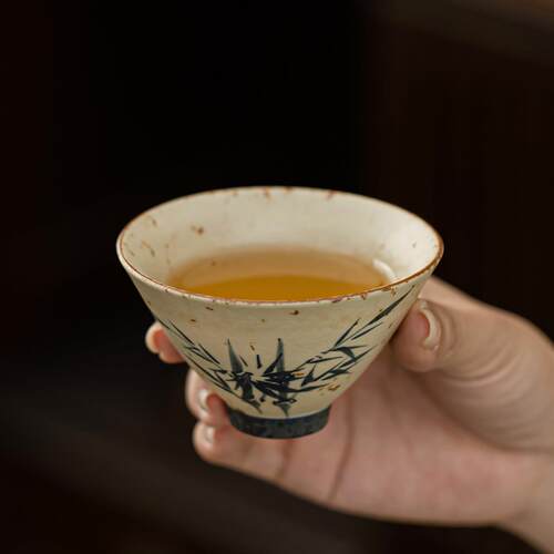 手绘青花火石红兰花斗笠杯陶瓷品茗杯家用主人杯功夫茶具品茗杯