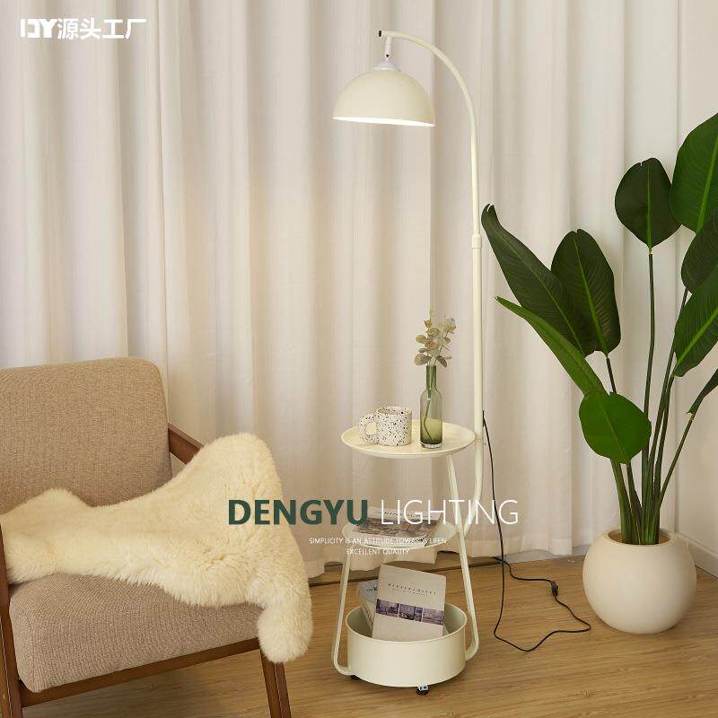 奶油风客厅沙发中古铁艺落地灯带置物架高级感卧室床头柜一体台灯