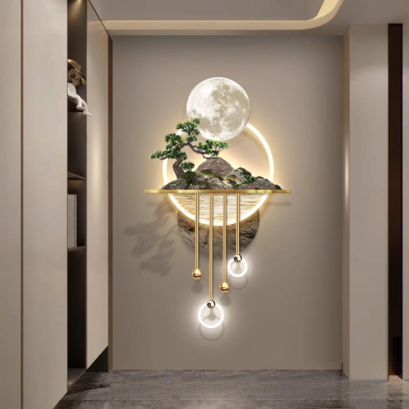 3d立体玄关装饰画过道走廊轻奢高档led发光壁灯画新中式山水挂画