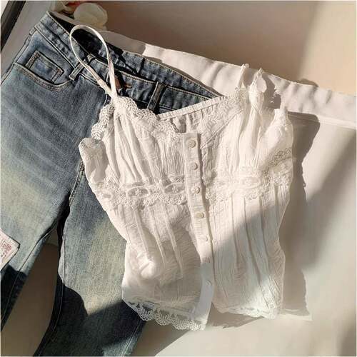 Women's Summer Lace Splicing Spaghetti Strap Hollow Out
