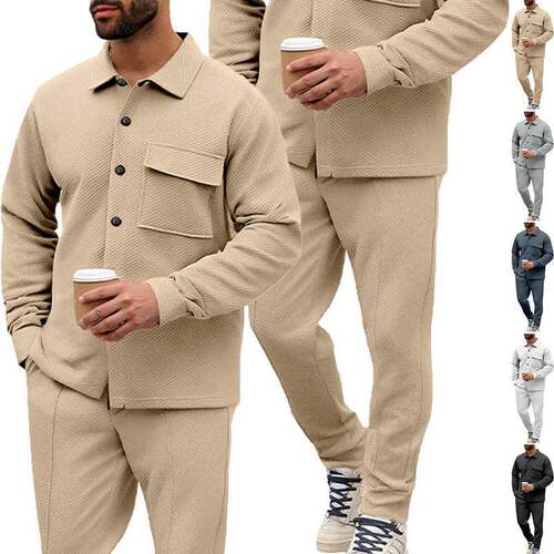 Men's Two-Piece Casual Suit with Stand-Up Collar Long