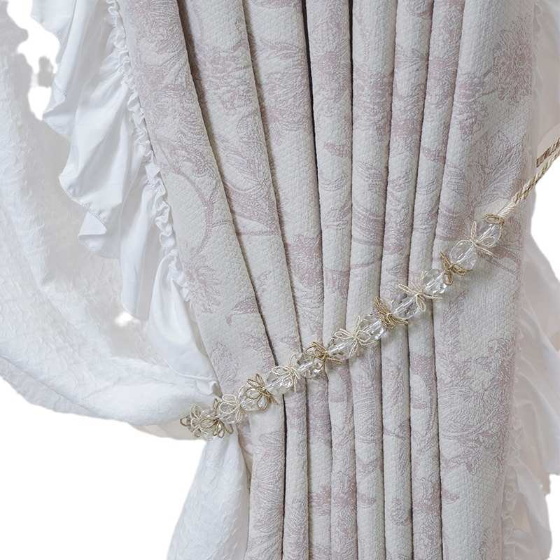 少女粉色轻法式雪尼尔窗帘现代轻奢蕾丝花边复古窗帘布成品小门帘