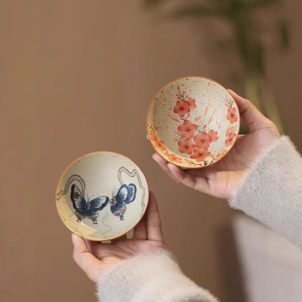 青花火石红陶瓷茶杯温婉创意纯手绘尘茗普洱杯二杯女士家用主人杯