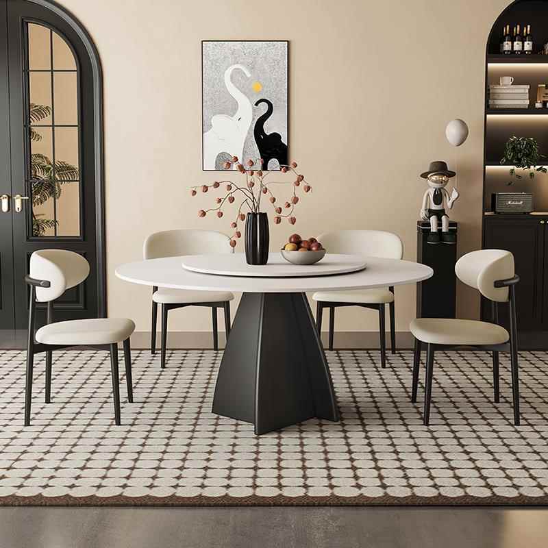 法式岩板餐桌家用黑色圆形带转盘意轻奢式现代简约纯白覆古圆餐桌