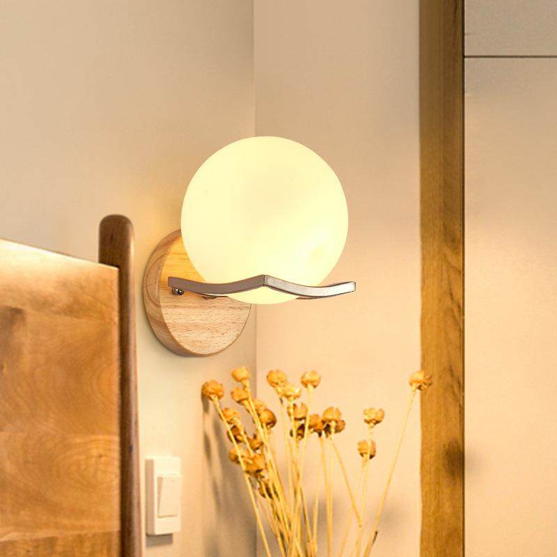 新款北欧木艺壁灯 现代简约led卧室床头壁灯 个性创意玻璃壁灯