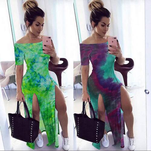 Women's one shoulder slit dress, long skirt