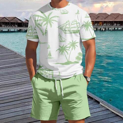 Men Tropical Coconut Pattern 3D Print Fitted Summer Set