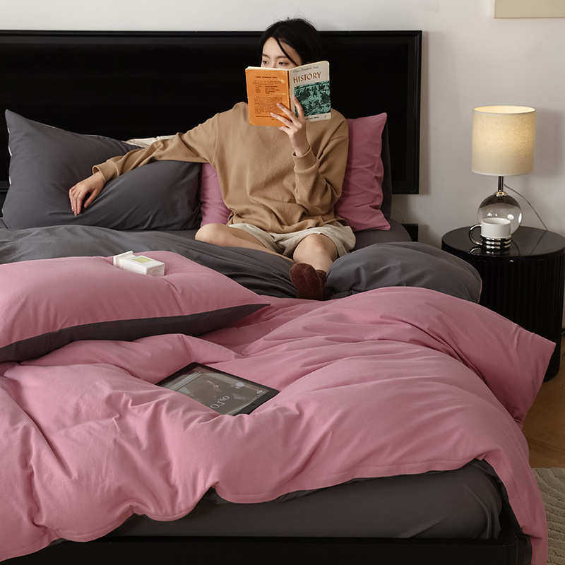 乌梅子酱｜全棉针织棉双拼床上四件套 纯色简约纯棉床单被套床笠4