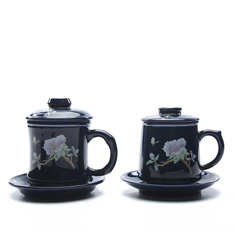 陶客轩蝶恋花霁蓝色马克杯陶瓷带过滤茶杯大容量办公泡茶杯可logo