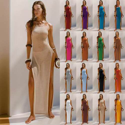 Double sided high slit suspender knitted dress with beach