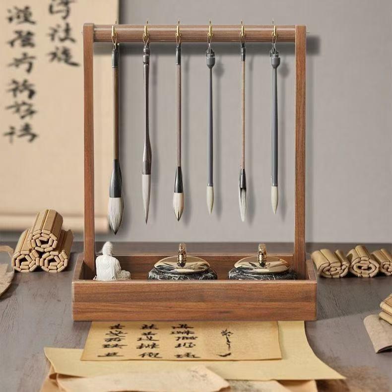 毛笔架笔挂架实木架子展示架墨笔书法放笔托挂架文房四宝毛毡工厂图片
