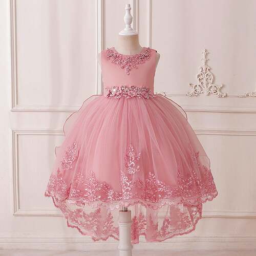 flower embroidery design princess dress chiffon round neck