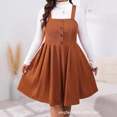 Plus Size Button Decor Pleated Pinafore A-Line Dress Casual